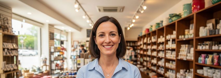 Small business owner smiling behind counter in Port Arthur Texas retail store