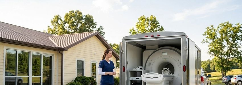 Radiology technologist and imaging center administrator reviewing a portable MRI scanner console in a modern clinic