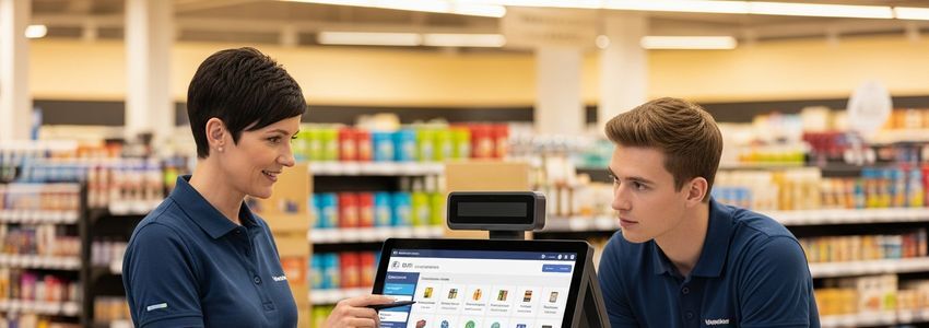 Business owner and employee reviewing a modern POS system in a retail store