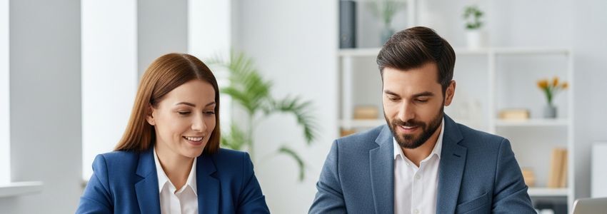 PostNet franchise business owner reviewing financing options with a lending specialist at a professional office