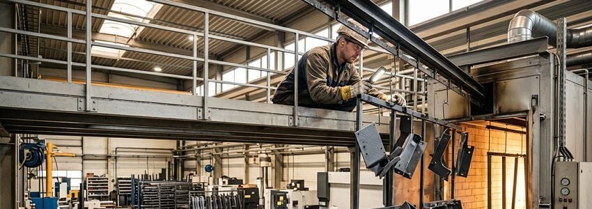 Worker inspecting freshly powder-coated metal parts near an industrial curing oven in a fabrication facility