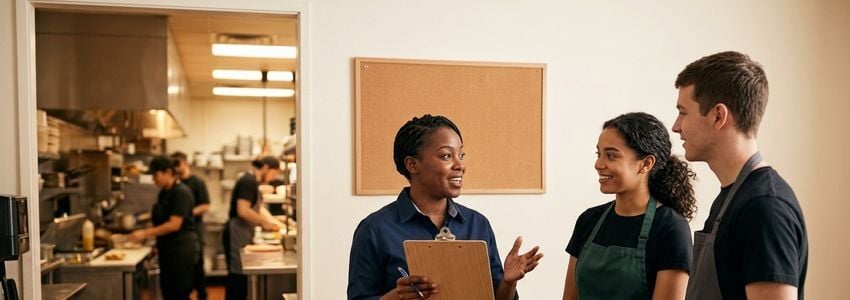Restaurant manager discussing a staff schedule with employees in a commercial kitchen setting