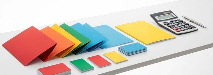 Colorful printed business materials and documents on an office desk representing print shop financing options
