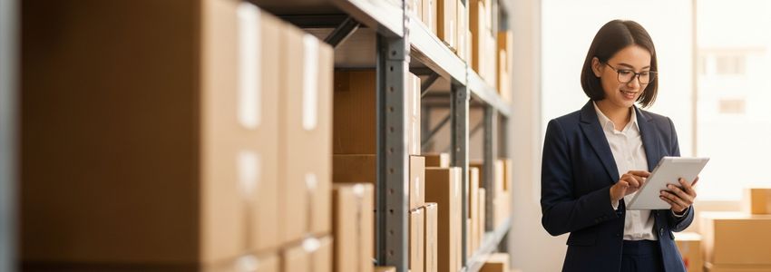Private label business owner managing inventory in a warehouse setting