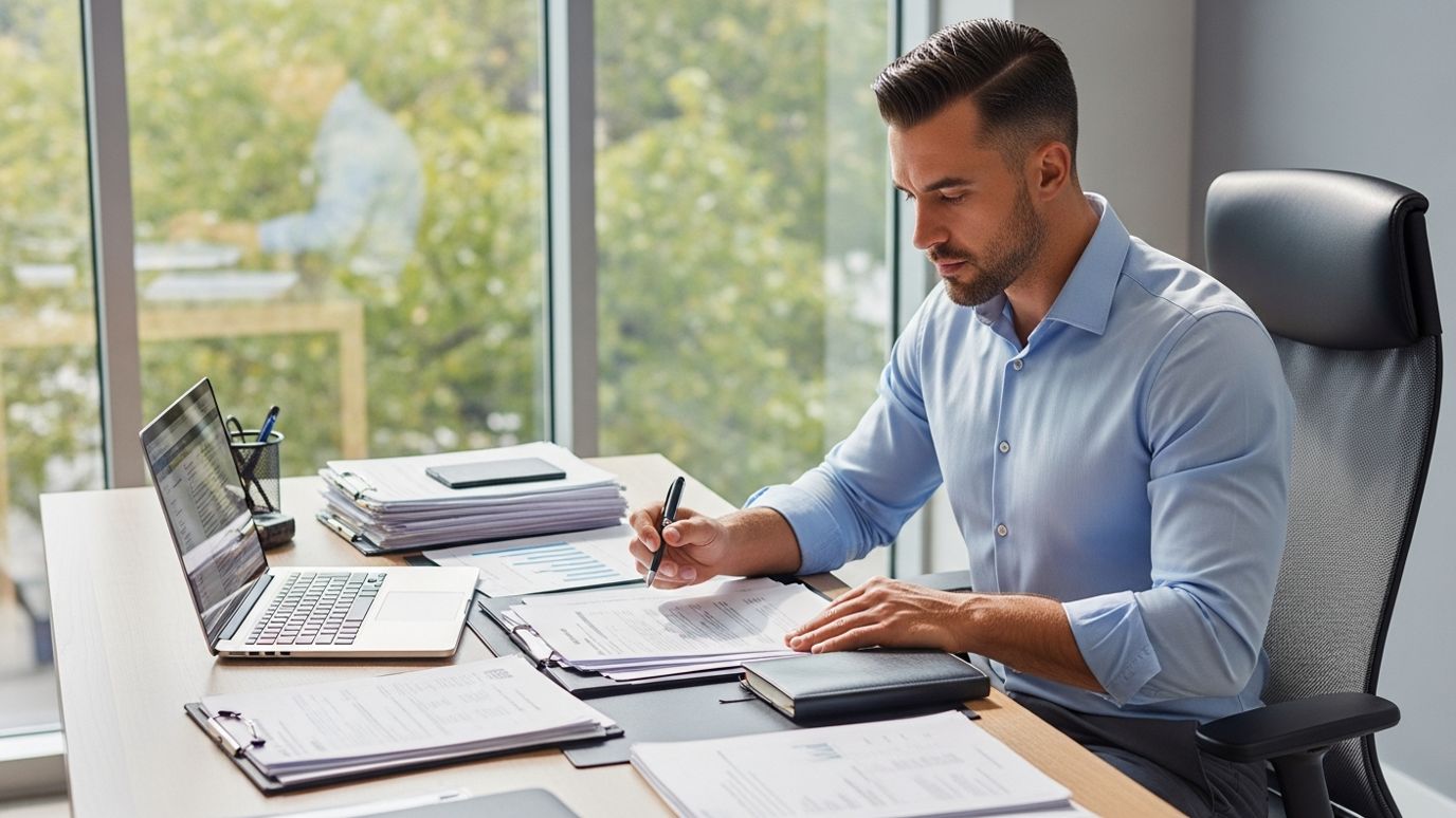 Physical therapy clinic owner reviewing loan documents and financial paperwork at a professional office desk