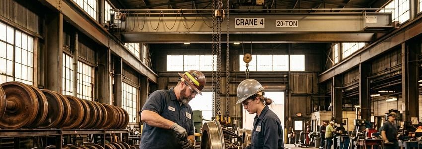 Railcar repair technician inspecting a freight car wheel assembly in an industrial rail maintenance shop