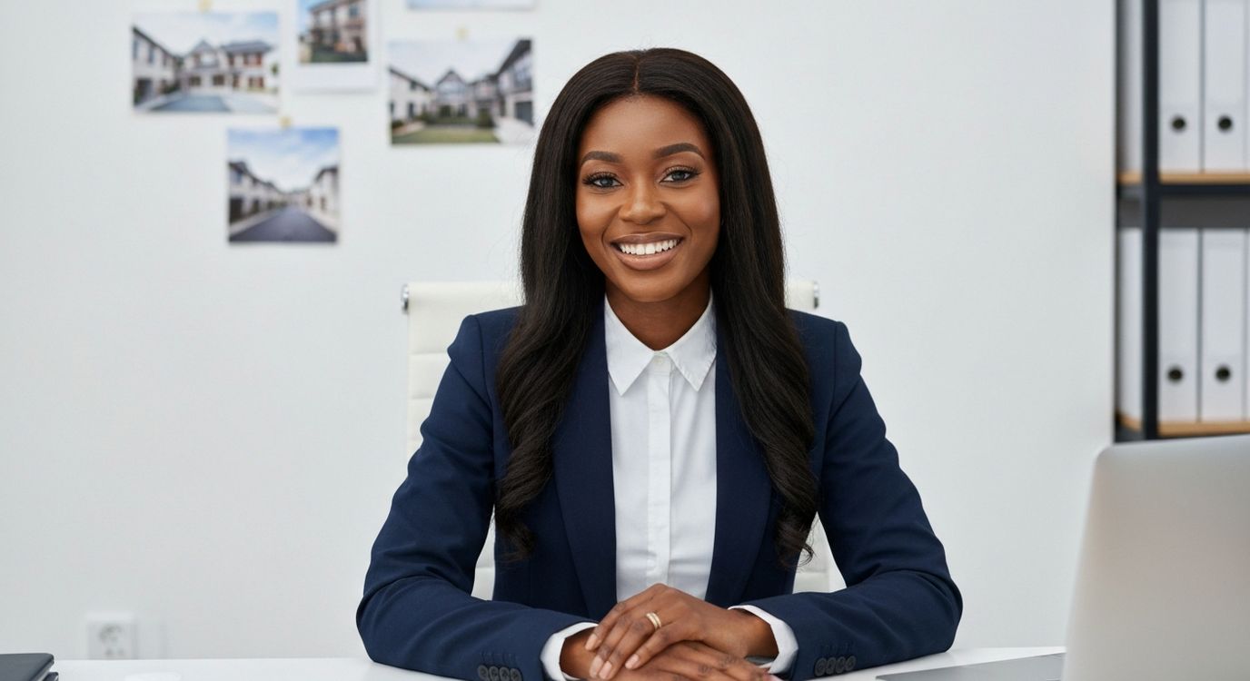 Real estate agent reviewing business loan documents at a modern office desk with property photos in background
