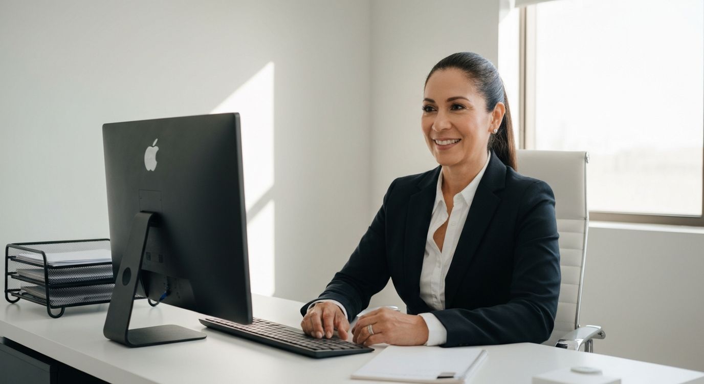Real estate agent reviewing business loan documents at a modern office desk with property photos in background