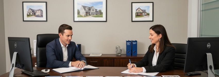 Two real estate professionals reviewing financing documents at a desk