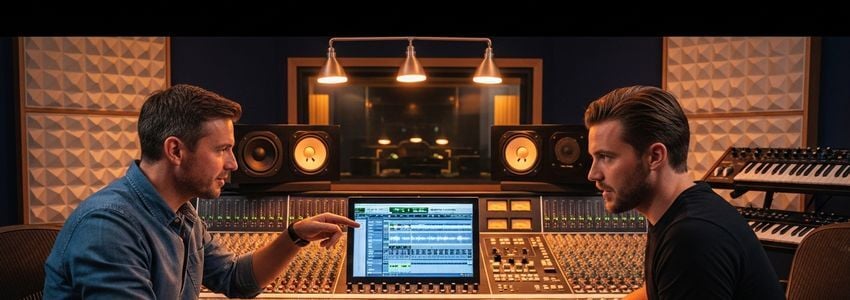 Music producer and musician collaborating at a recording studio mixing console, representing recording studio business financing in action