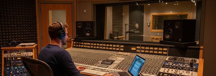 Professional audio engineer at recording studio mixing console reviewing financing options