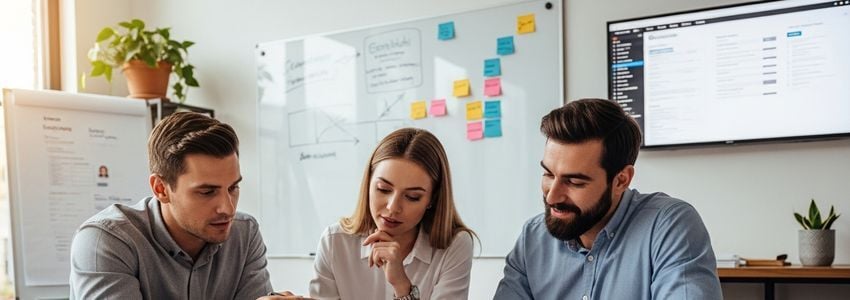 Recruiting agency owner reviewing candidate profiles and financing documents at a modern office desk