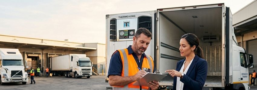 Transportation business owner inspecting a refrigerated reefer trailer at a logistics distribution yard