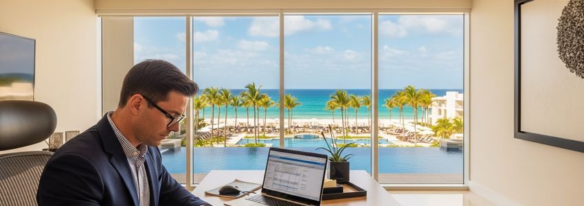 Resort owner reviewing business loan financing documents in a hospitality office with ocean view