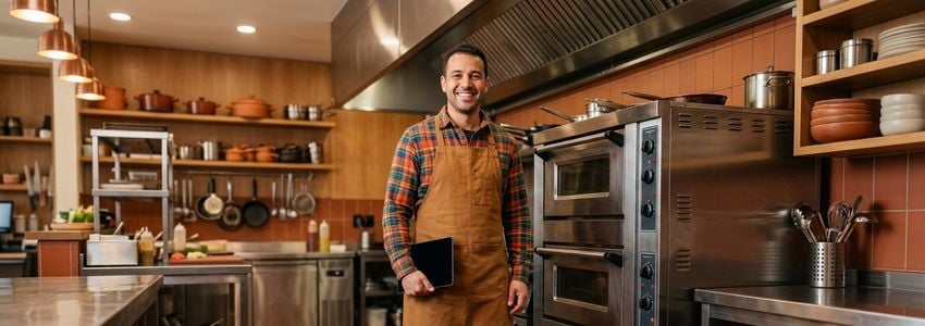 Restaurant owner and chef reviewing commercial kitchen equipment financing paperwork in a professional kitchen