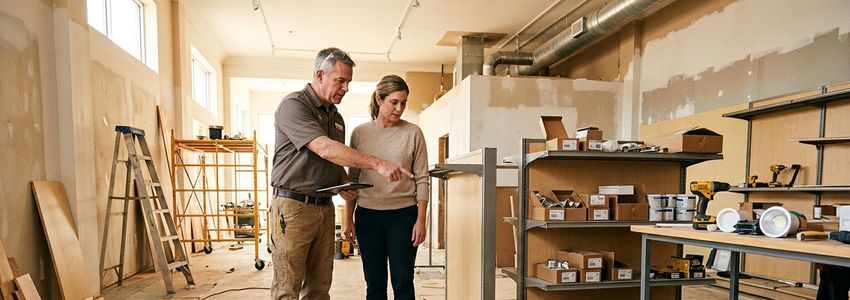 Contractors and a retail business owner reviewing buildout plans on site during a store renovation