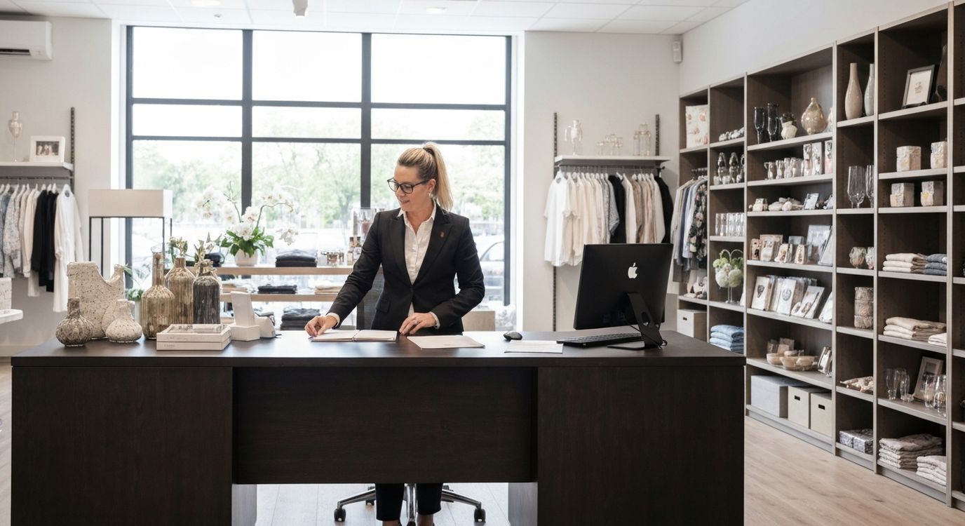 Dentist reviewing business loan documents at an office desk with dental clinic equipment visible in background