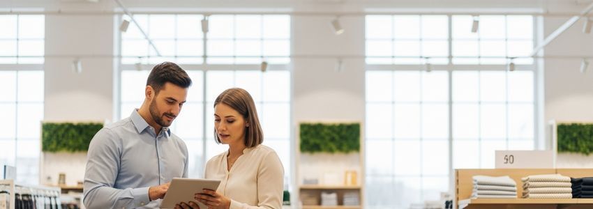 Retail business professionals reviewing financing documents inside a store