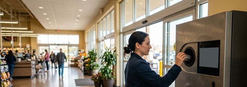 Business owner using a commercial reverse vending machine to redeem beverage containers in a retail store