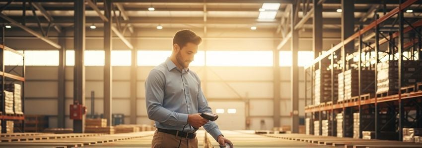 Business professional using RFID scanner to track inventory in a modern warehouse