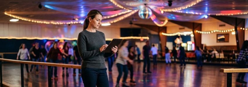 Roller skating rink owner reviewing equipment financing paperwork on the rink floor