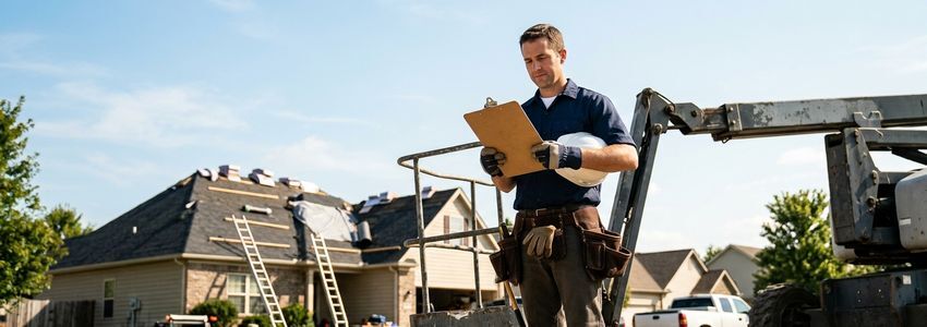 Roofing contractor operating a truck-mounted material lift to hoist shingles onto a commercial roof