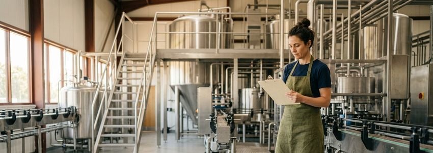 Salsa production business owner reviewing equipment financing paperwork inside a commercial food manufacturing facility
