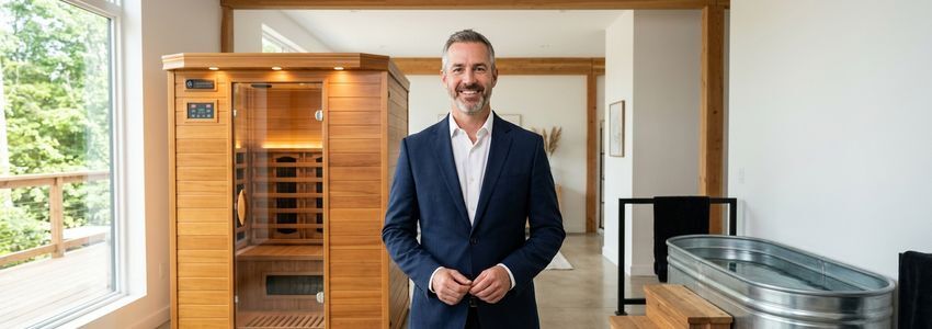 Business owner standing in a modern wellness studio next to an infrared sauna cabin and a cold plunge tub