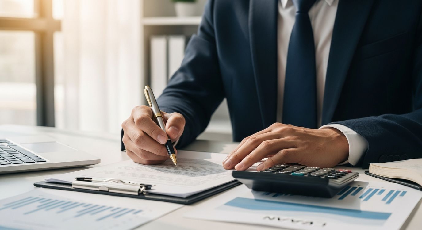 Business owner reviewing loan documents and financial reports at desk, evaluating SBA loan alternatives