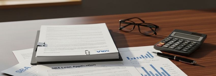 SBA loan collateral documents and financial statements on a professional desk