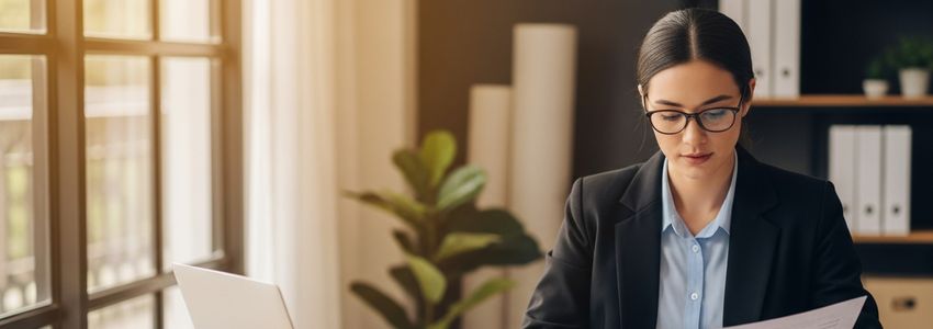 Small business owner reviewing SBA loan documents at desk in modern office setting