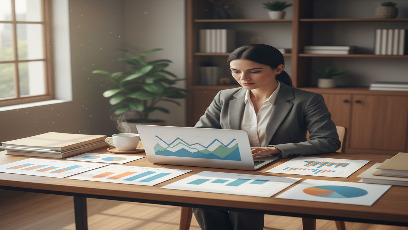 Business owner reviewing seasonal cash flow charts and financing options at a professional office desk