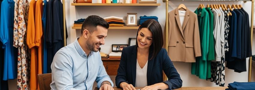 Retail store owner reviewing seasonal inventory financing options with a business advisor at a modern retail location