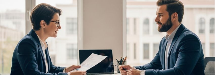 Business owner and financial advisor reviewing expansion financing plans at a modern office desk