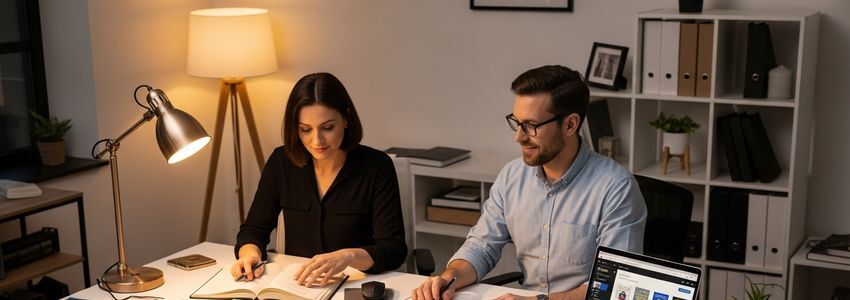 Self-publishing business owner reviewing financing options at a modern office desk