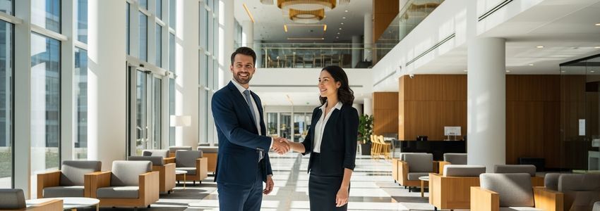 Business professionals negotiating seller financing terms in a modern corporate office