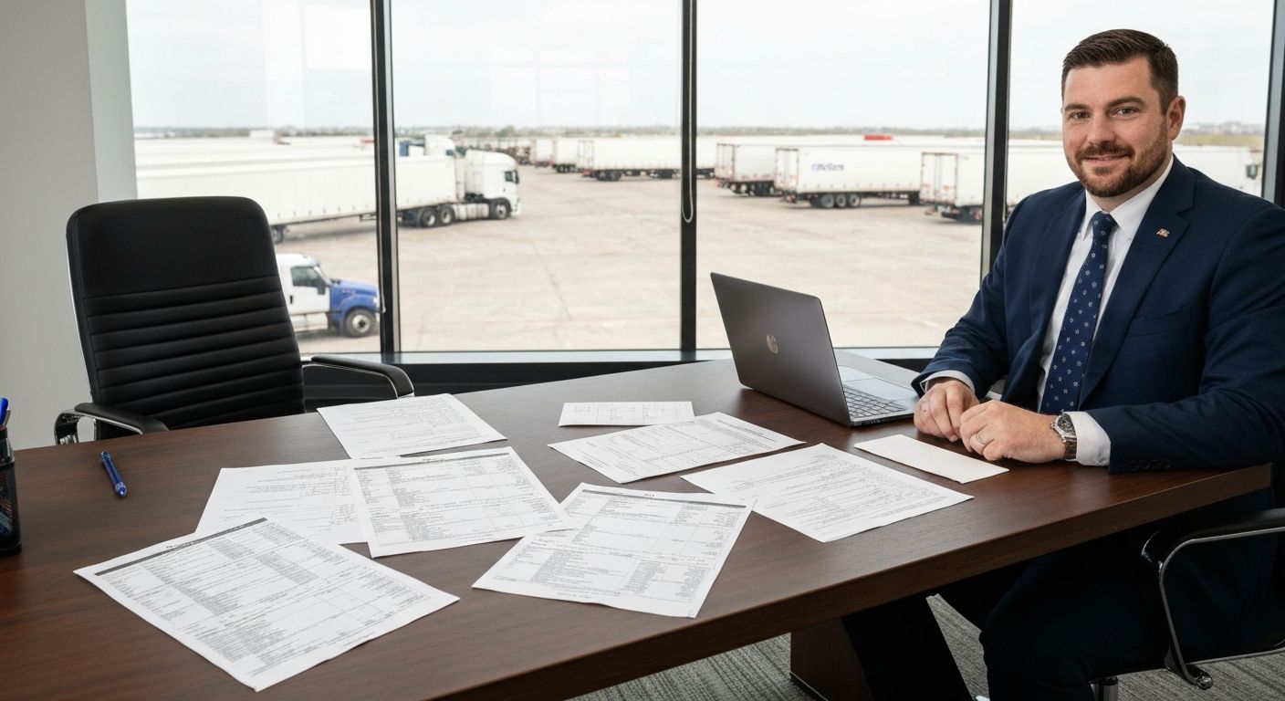 Owner-operator reviewing semi truck financing documents at a trucking depot office