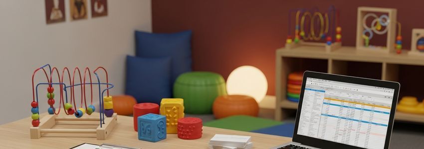 Sensory play center business owner reviewing financing options at desk with sensory equipment in background