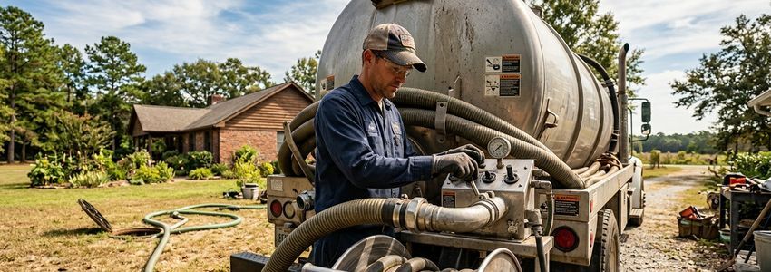 Septic service technician operating a vacuum pump truck at a residential job site