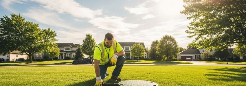 Septic service technician inspecting a residential septic system