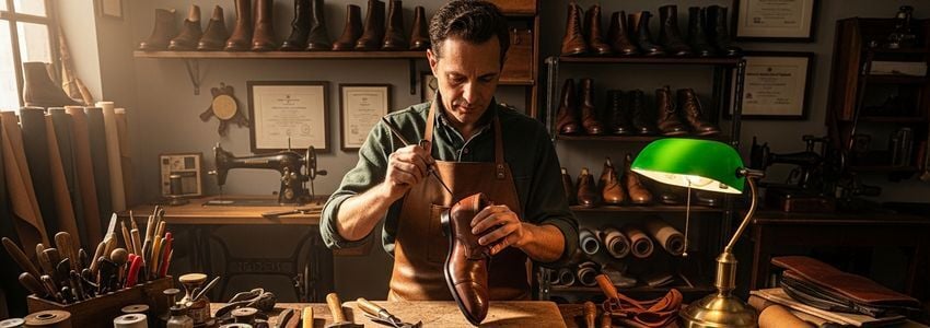 Shoe repair shop owner reviewing financing documents at a workshop bench