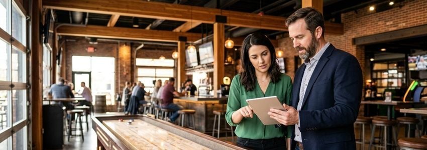 Bar owners reviewing financing paperwork next to a commercial shuffleboard table