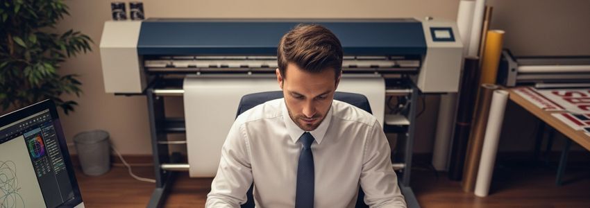 Sign company owner reviewing financing options for sign shop business loans