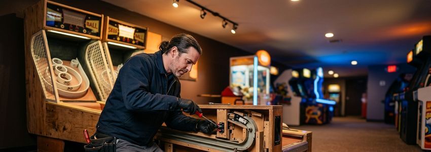 Arcade technician installing and inspecting a skee ball lane machine in an entertainment center game room