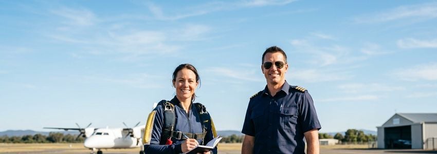 Skydiving business owner and pilot reviewing jump plane financing paperwork on the tarmac next to a jump aircraft