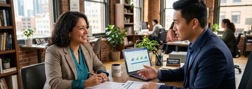 A small business owner and financial advisor reviewing loan approval documents in a professional office setting