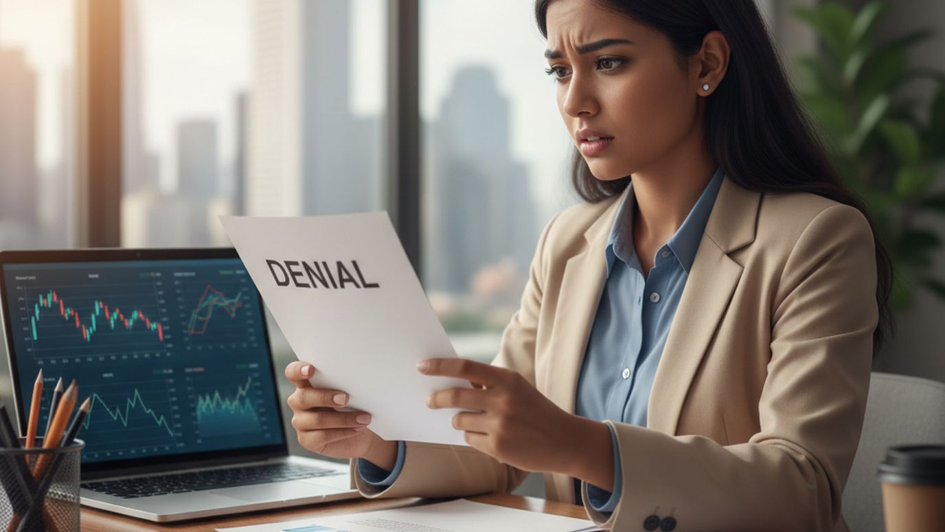 Small business owner reviewing loan application documents with concerned expression, financial data on laptop screen in background