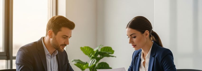 Small business owner and financial advisor reviewing loan documents in a professional office setting