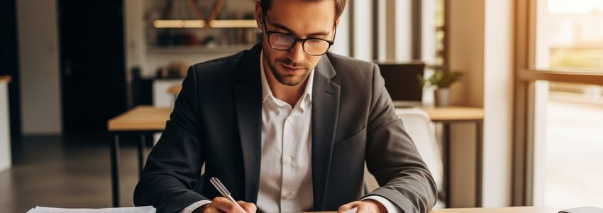 Small business owner reviewing loan qualification documents at an office desk