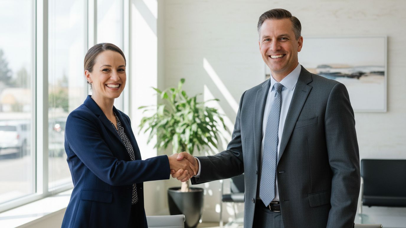 Idaho small business owner and loan officer shaking hands celebrating loan approval